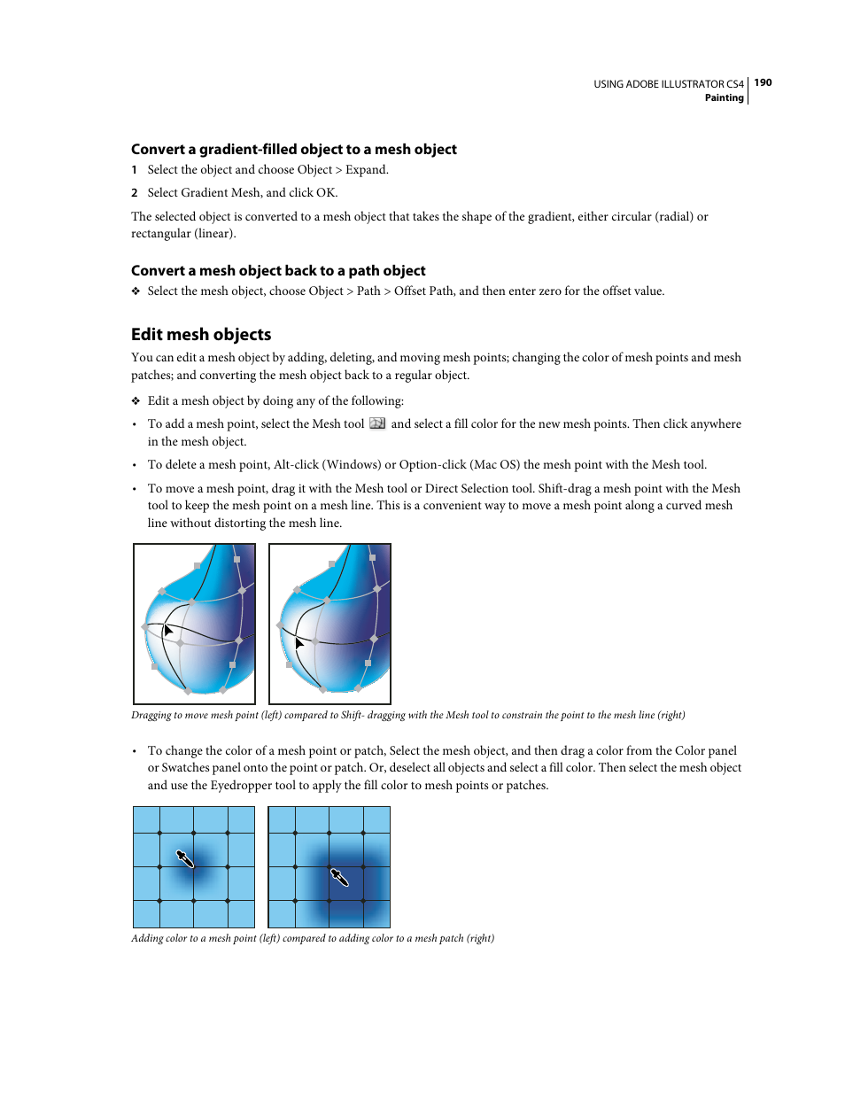 Convert a gradient-filled object to a mesh object, Convert a mesh object back to a path object, Edit mesh objects | Adobe Illustrator CS4 User Manual | Page 197 / 499