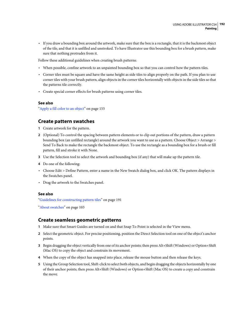 Create pattern swatches, Create seamless geometric patterns | Adobe Illustrator CS4 User Manual | Page 199 / 499