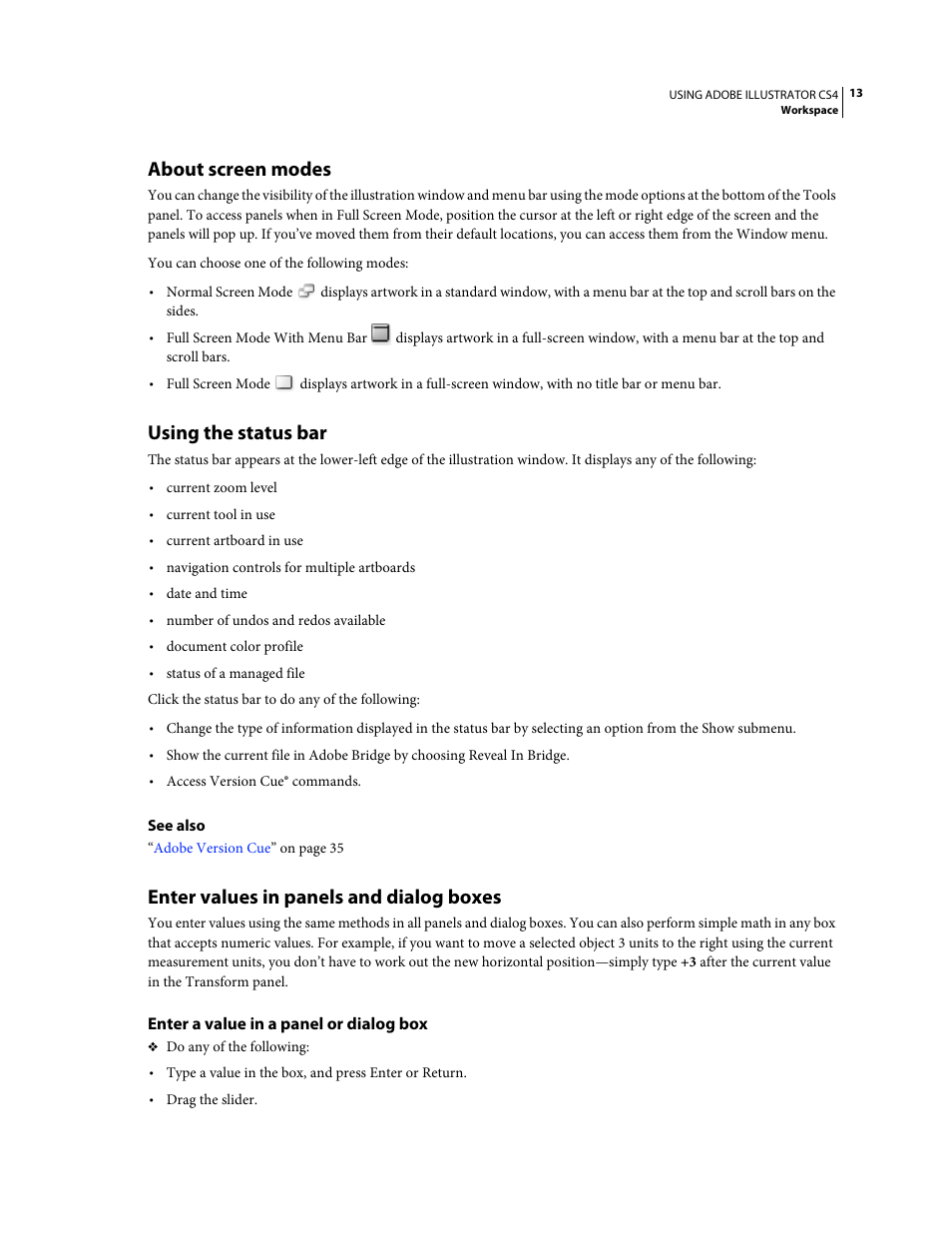 About screen modes, Using the status bar, Enter values in panels and dialog boxes | Enter a value in a panel or dialog box | Adobe Illustrator CS4 User Manual | Page 20 / 499