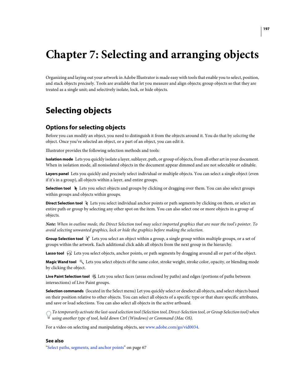 Chapter 7: selecting and arranging objects, Selecting objects, Options for selecting objects | Adobe Illustrator CS4 User Manual | Page 204 / 499