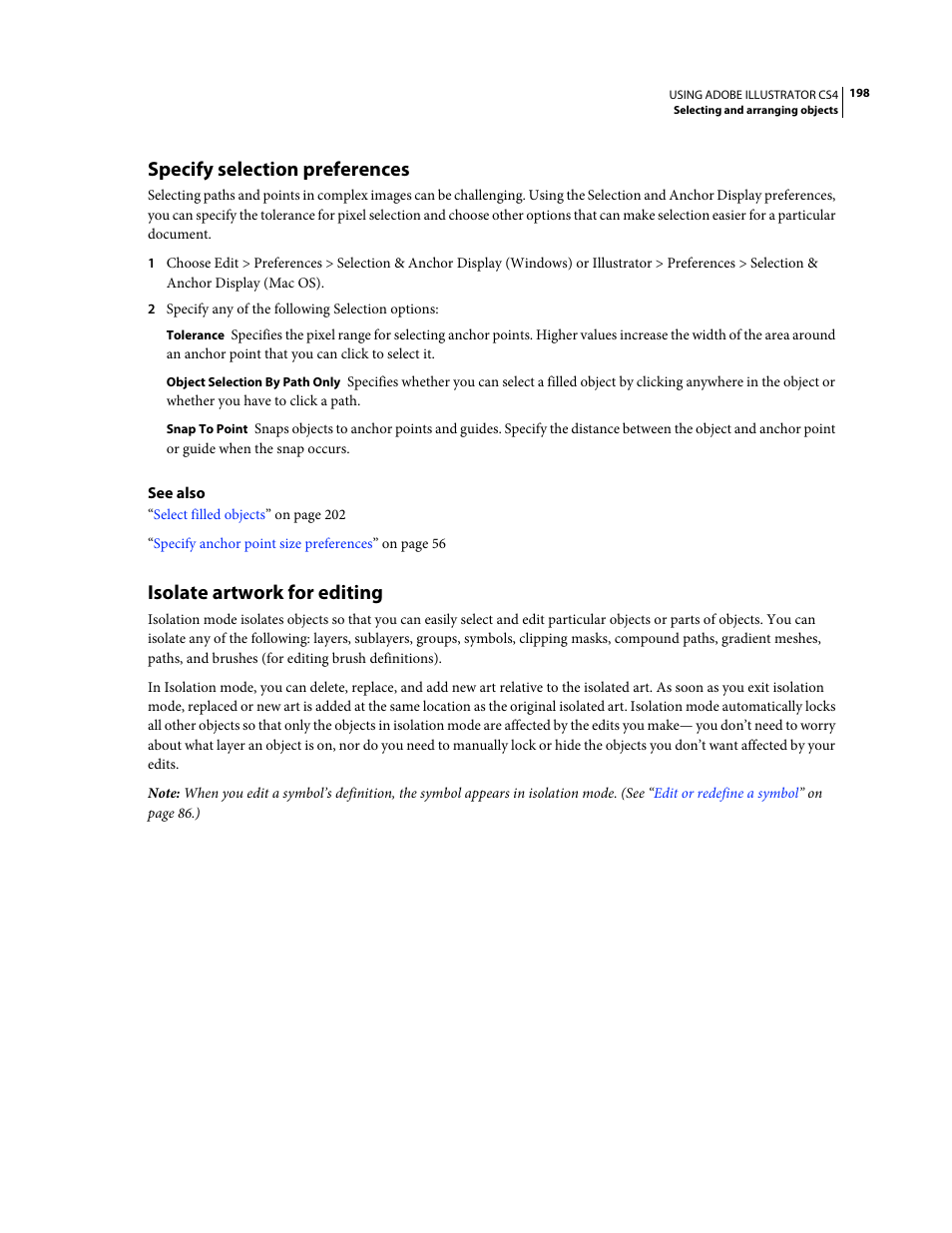 Specify selection preferences, Isolate artwork for editing | Adobe Illustrator CS4 User Manual | Page 205 / 499
