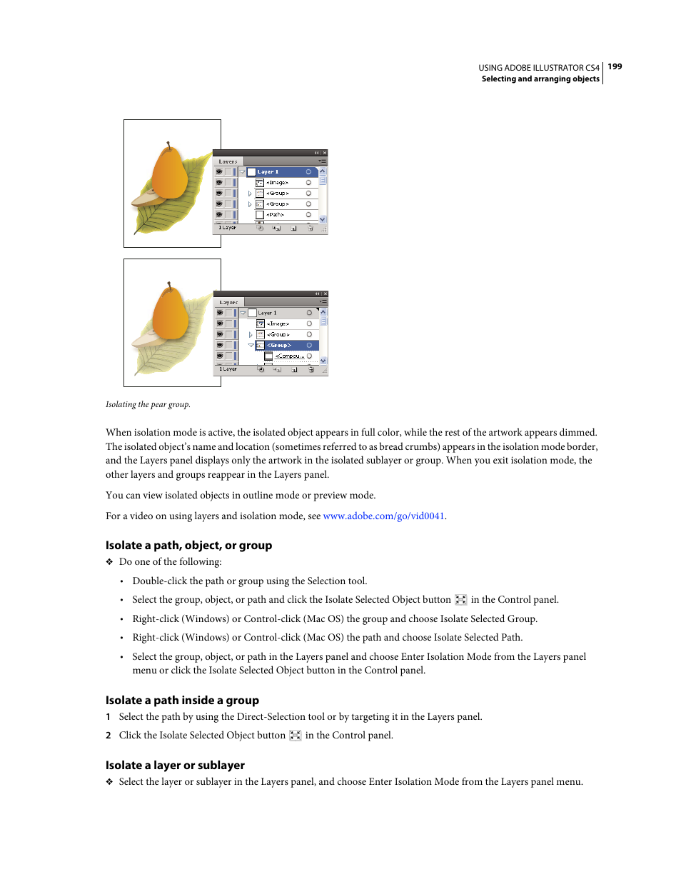 Isolate a path, object, or group, Isolate a path inside a group, Isolate a layer or sublayer | Adobe Illustrator CS4 User Manual | Page 206 / 499
