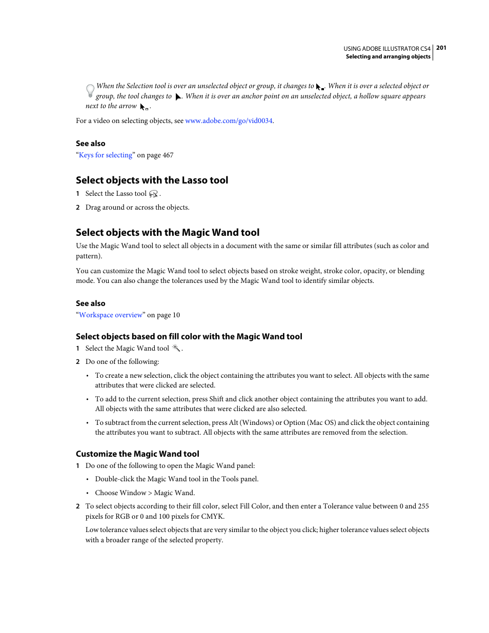 Select objects with the lasso tool, Select objects with the magic wand tool, Customize the magic wand tool | Adobe Illustrator CS4 User Manual | Page 208 / 499