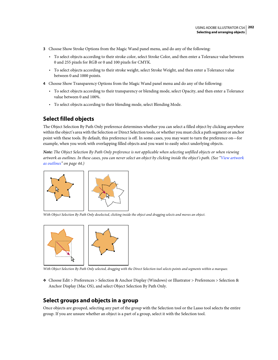 Select filled objects, Select groups and objects in a group | Adobe Illustrator CS4 User Manual | Page 209 / 499