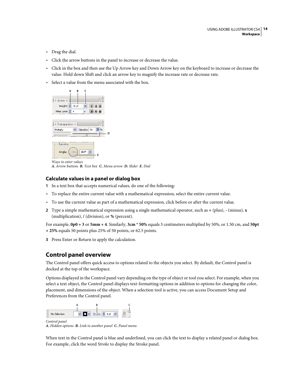 Calculate values in a panel or dialog box, Control panel overview | Adobe Illustrator CS4 User Manual | Page 21 / 499