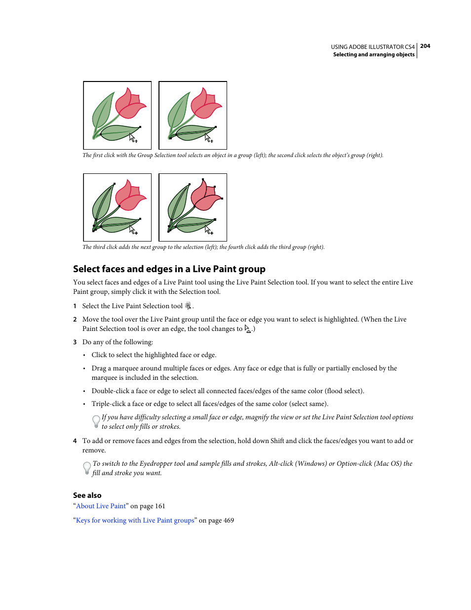 Select faces and edges in a live paint group | Adobe Illustrator CS4 User Manual | Page 211 / 499