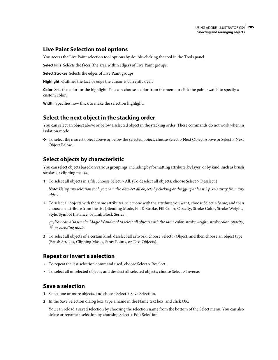 Live paint selection tool options, Select the next object in the stacking order, Select objects by characteristic | Repeat or invert a selection, Save a selection | Adobe Illustrator CS4 User Manual | Page 212 / 499