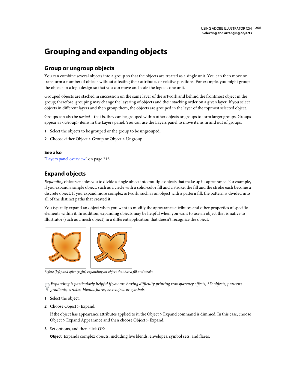 Grouping and expanding objects, Group or ungroup objects, Expand objects | Adobe Illustrator CS4 User Manual | Page 213 / 499