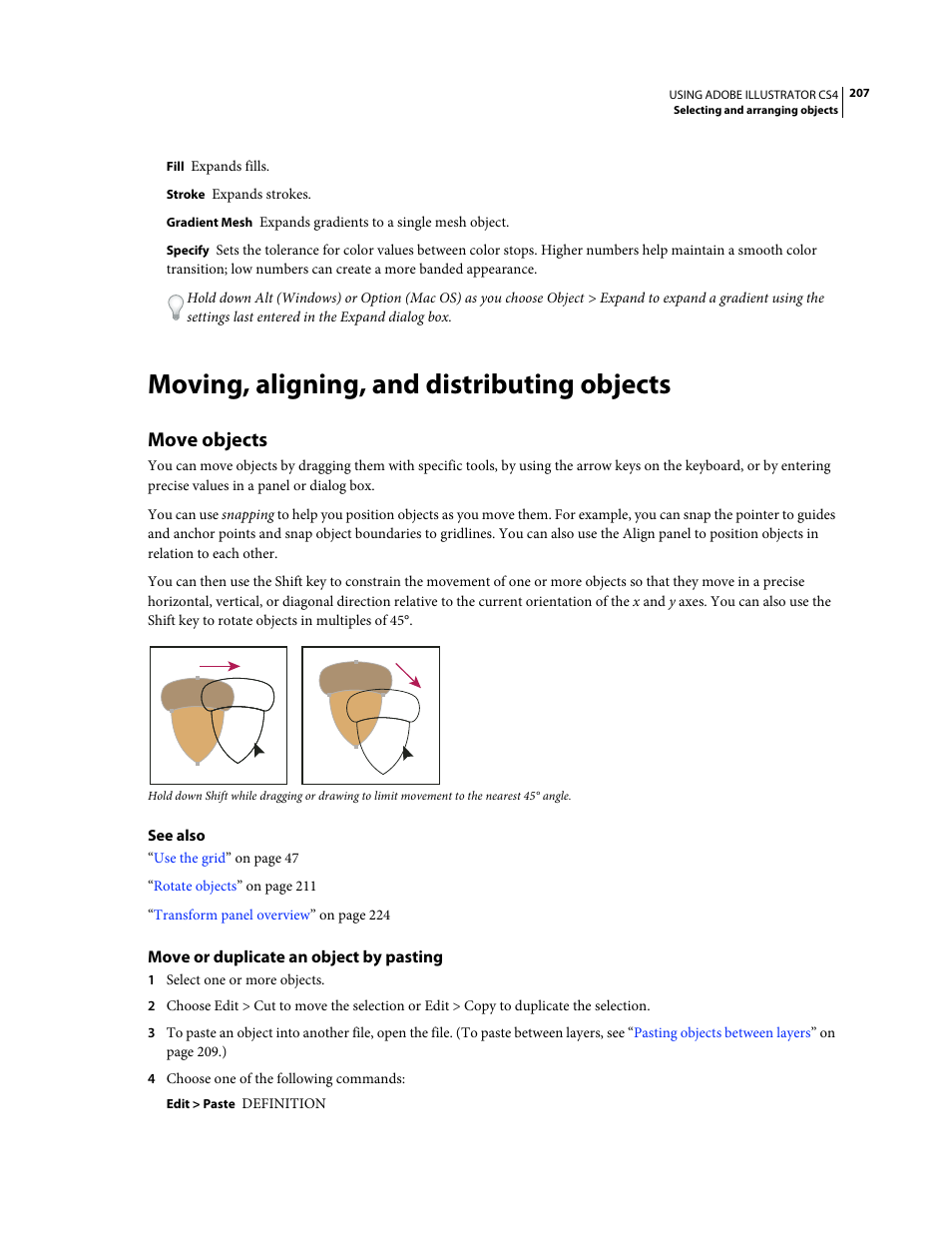 Moving, aligning, and distributing objects, Move objects, Move or duplicate an object by pasting | Adobe Illustrator CS4 User Manual | Page 214 / 499
