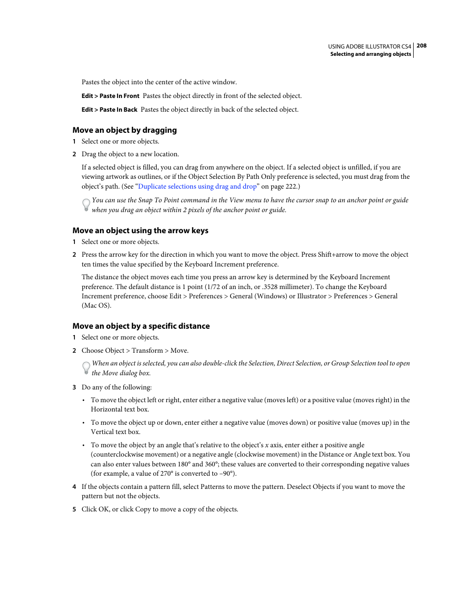 Move an object by dragging, Move an object using the arrow keys, Move an object by a specific distance | Adobe Illustrator CS4 User Manual | Page 215 / 499