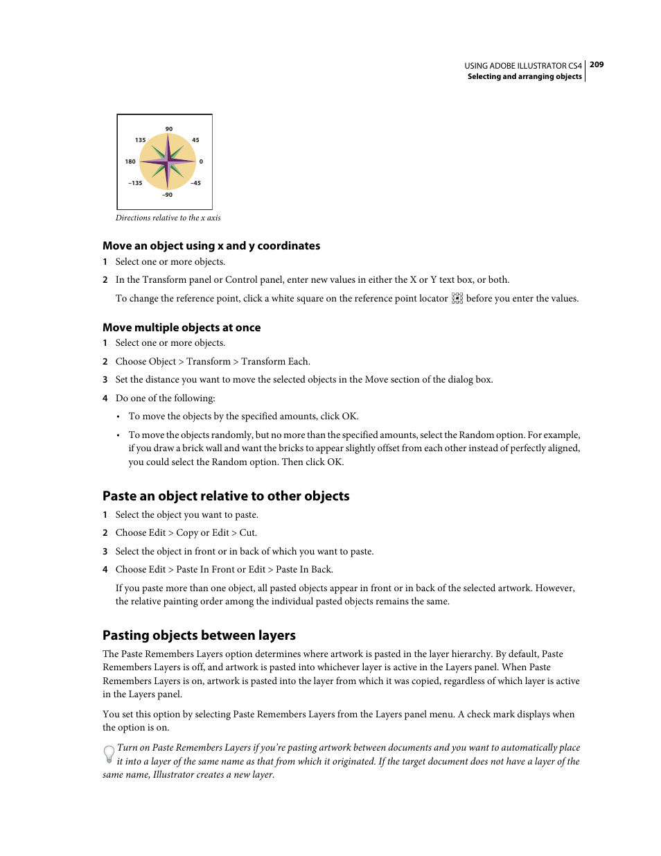 Move an object using x and y coordinates, Move multiple objects at once, Paste an object relative to other objects | Pasting objects between layers | Adobe Illustrator CS4 User Manual | Page 216 / 499