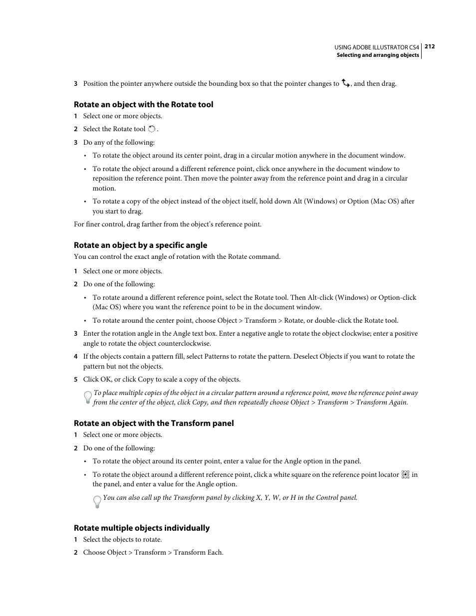 Rotate an object with the rotate tool, Rotate an object by a specific angle, Rotate an object with the transform panel | Rotate multiple objects individually | Adobe Illustrator CS4 User Manual | Page 219 / 499