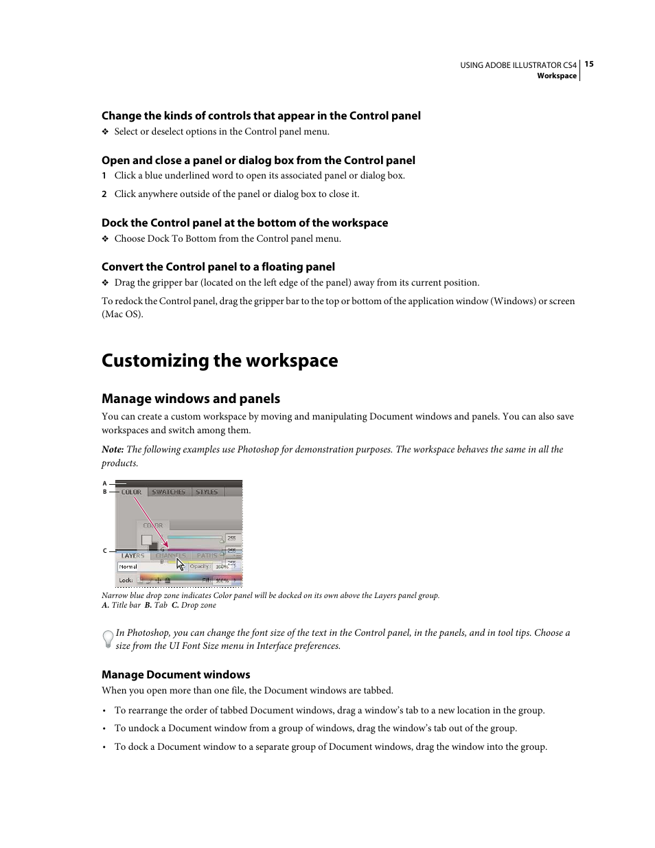 Convert the control panel to a floating panel, Customizing the workspace, Manage windows and panels | Manage document windows | Adobe Illustrator CS4 User Manual | Page 22 / 499