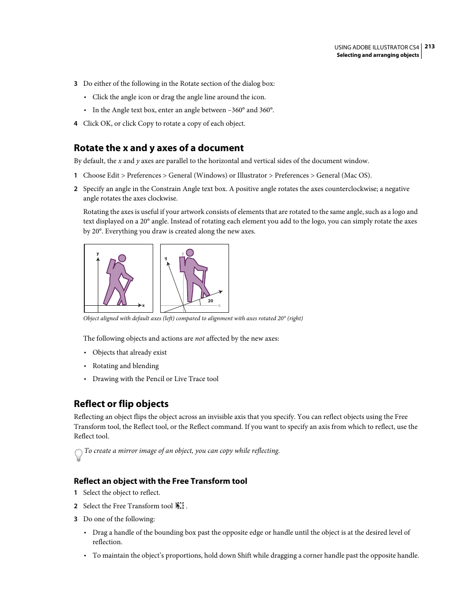 Rotate the x and y axes of a document, Reflect or flip objects, Reflect an object with the free transform tool | Adobe Illustrator CS4 User Manual | Page 220 / 499