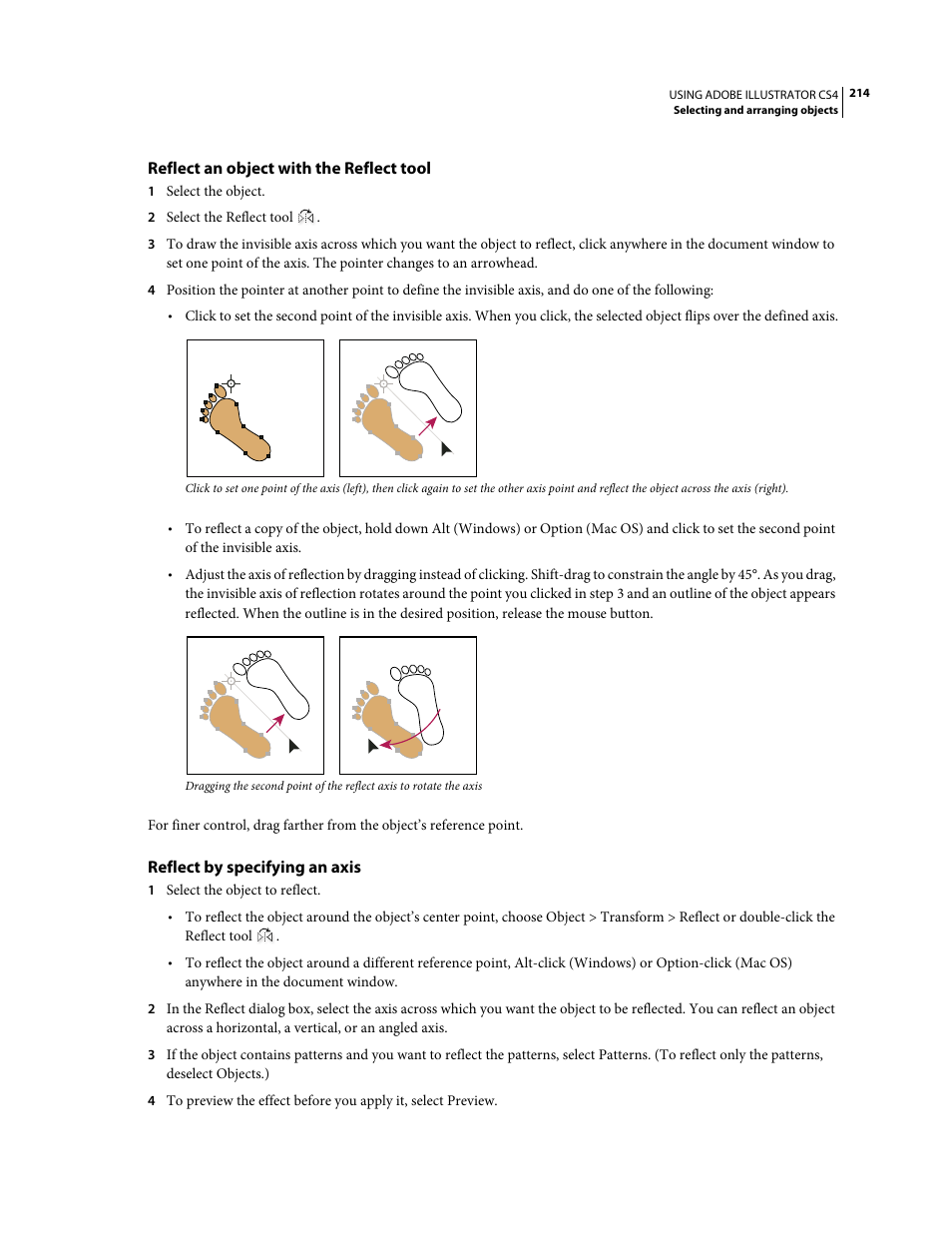 Reflect an object with the reflect tool, Reflect by specifying an axis | Adobe Illustrator CS4 User Manual | Page 221 / 499