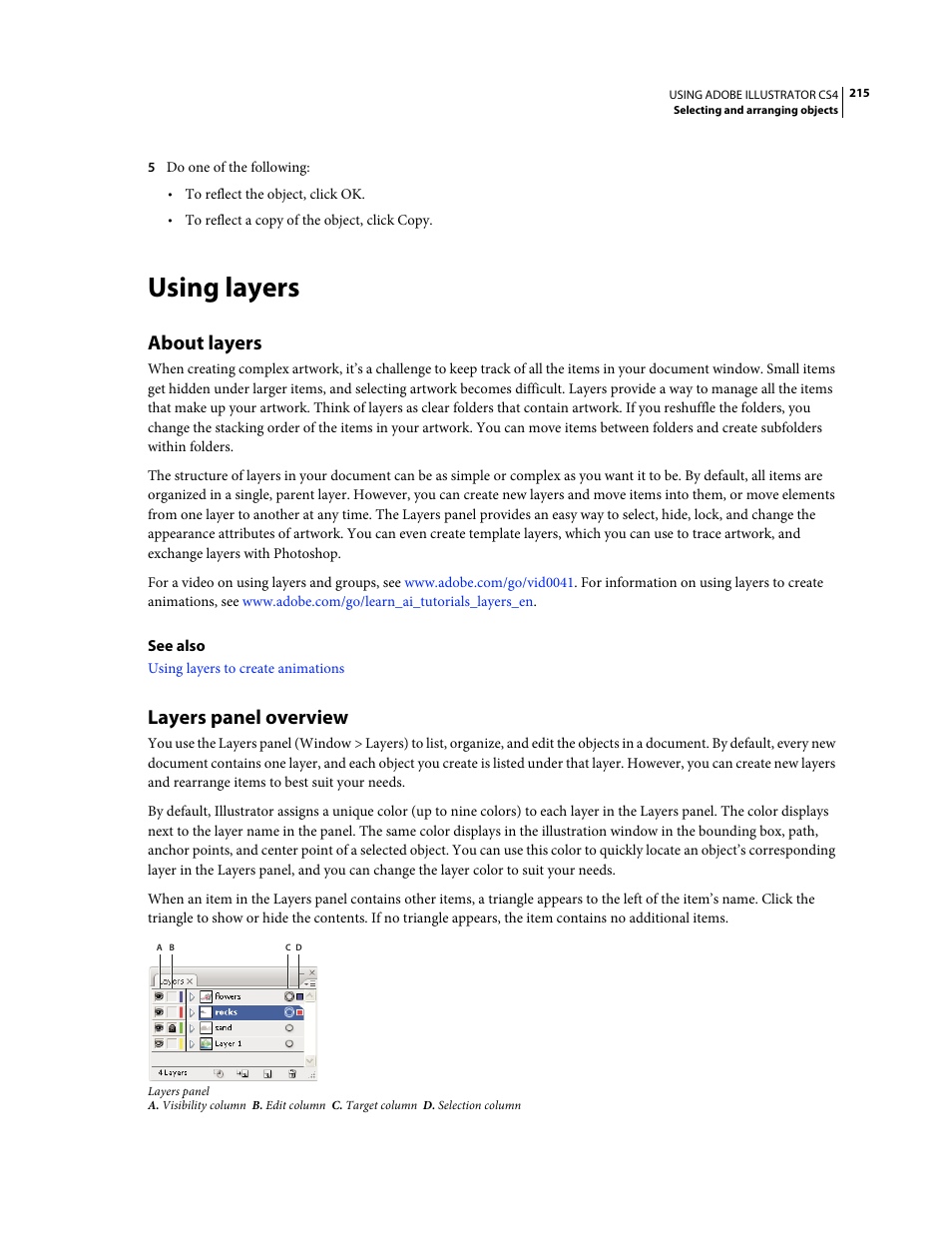 Using layers, About layers, Layers panel overview | Adobe Illustrator CS4 User Manual | Page 222 / 499