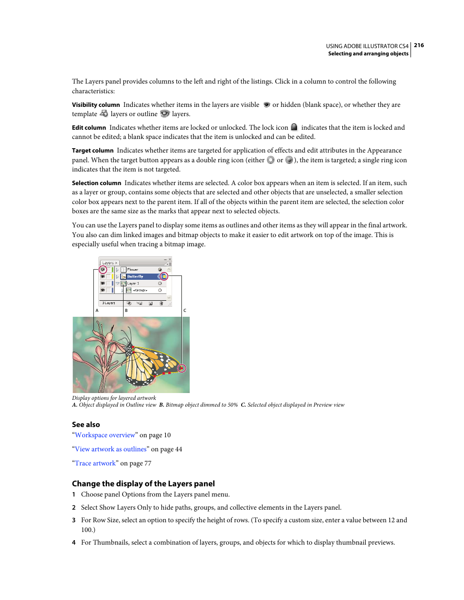 Change the display of the layers panel | Adobe Illustrator CS4 User Manual | Page 223 / 499