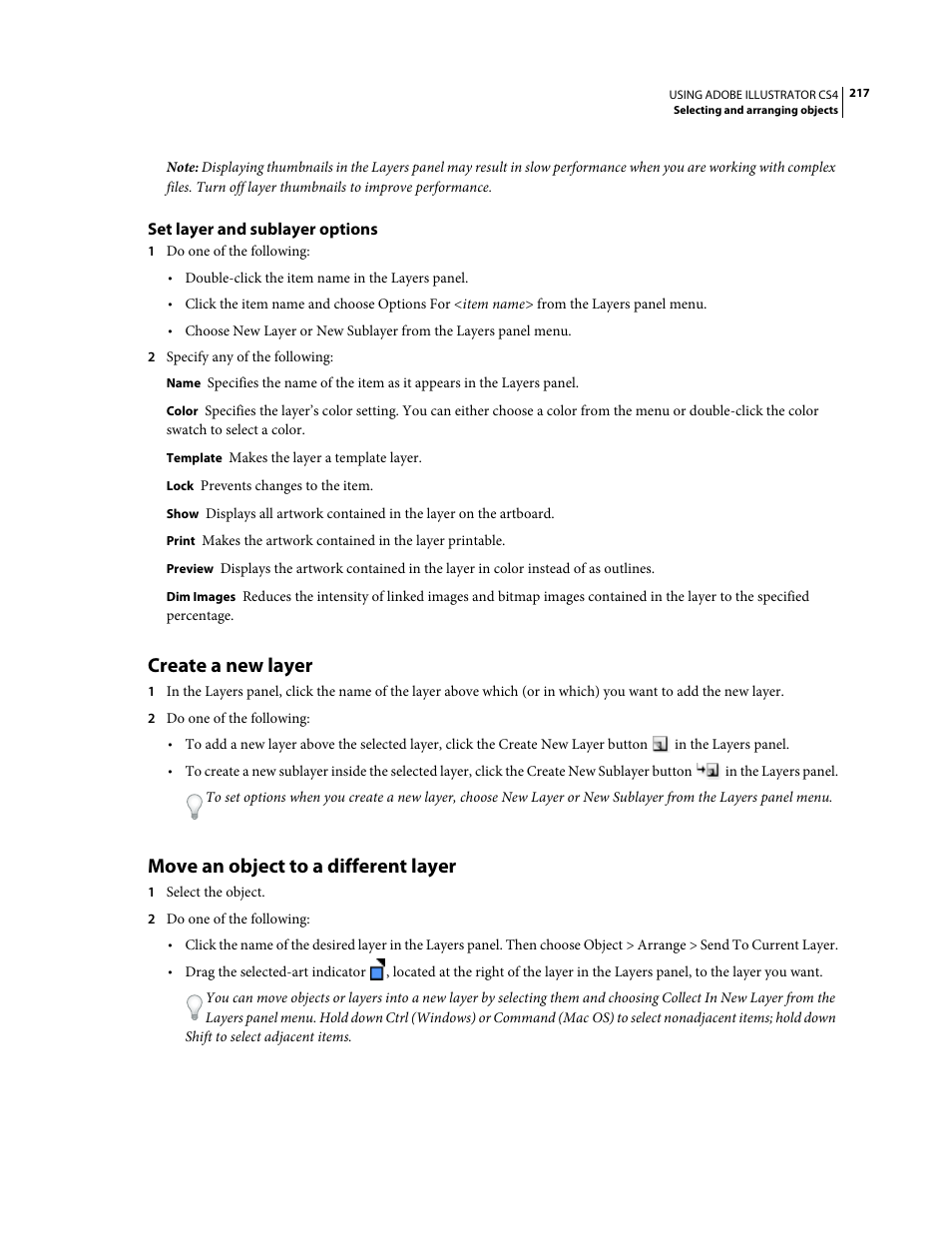 Set layer and sublayer options, Create a new layer, Move an object to a different layer | Adobe Illustrator CS4 User Manual | Page 224 / 499