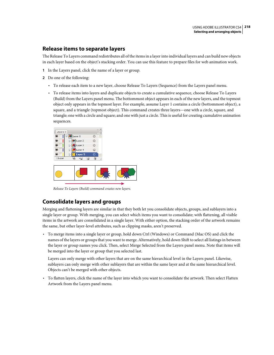 Release items to separate layers, Consolidate layers and groups | Adobe Illustrator CS4 User Manual | Page 225 / 499