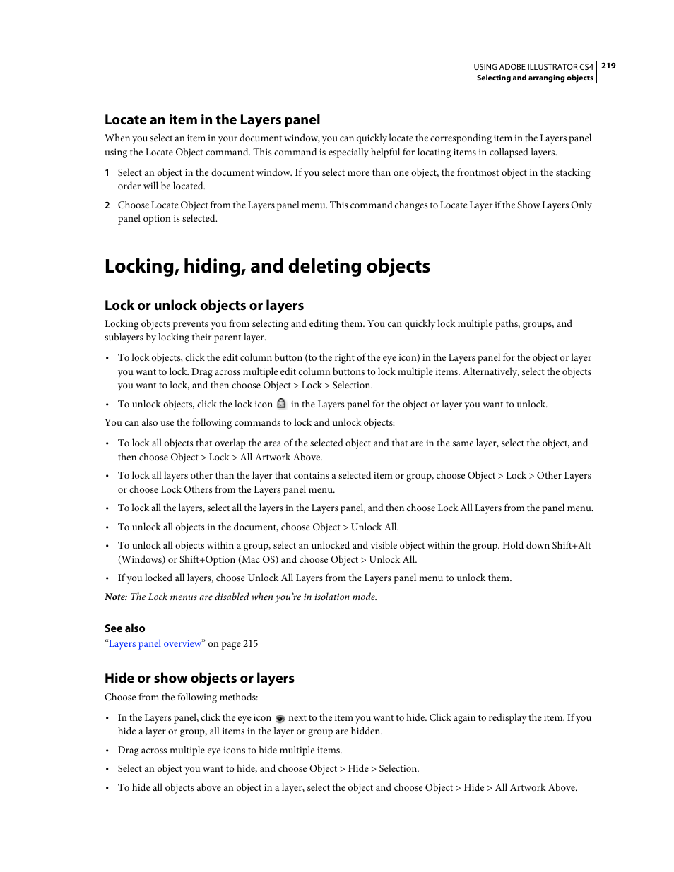 Locate an item in the layers panel, Locking, hiding, and deleting objects, Lock or unlock objects or layers | Hide or show objects or layers | Adobe Illustrator CS4 User Manual | Page 226 / 499