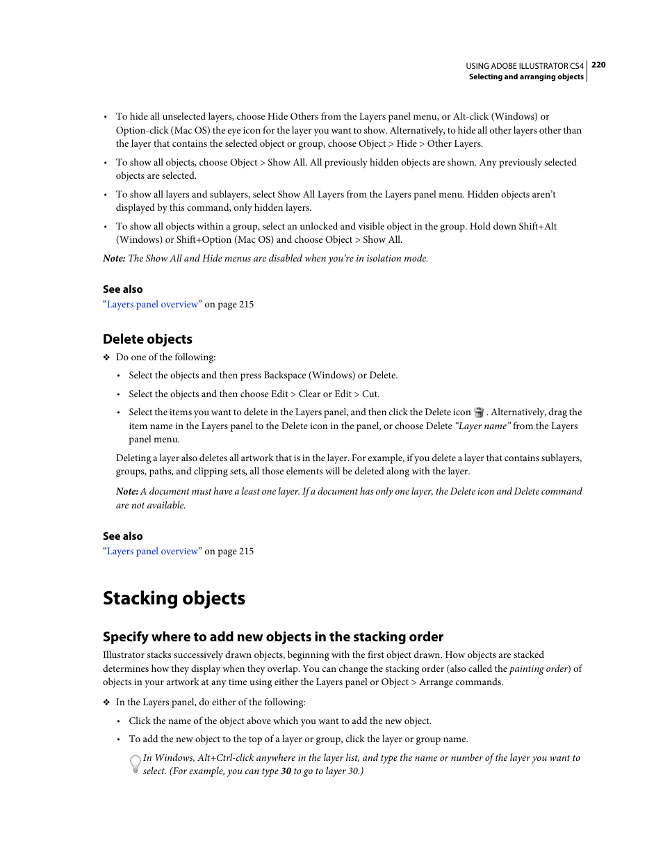 Delete objects, Stacking objects | Adobe Illustrator CS4 User Manual | Page 227 / 499