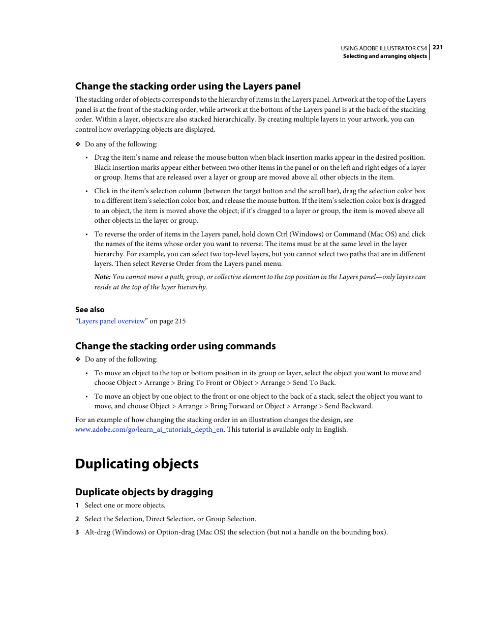 Change the stacking order using the layers panel, Change the stacking order using commands, Duplicating objects | Duplicate objects by dragging | Adobe Illustrator CS4 User Manual | Page 228 / 499