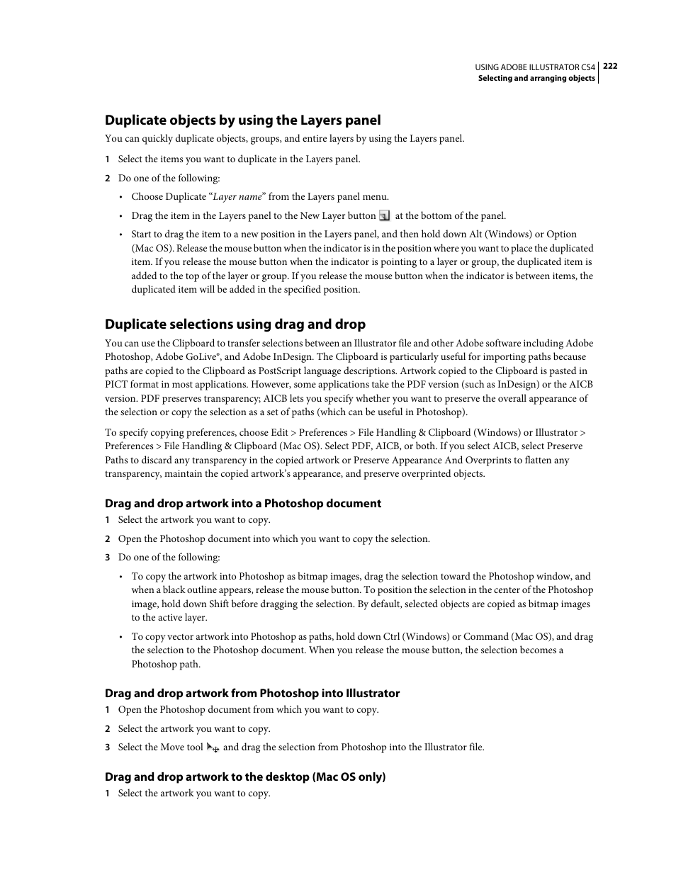 Duplicate objects by using the layers panel, Duplicate selections using drag and drop, Drag and drop artwork into a photoshop document | Drag and drop artwork to the desktop (mac os only) | Adobe Illustrator CS4 User Manual | Page 229 / 499