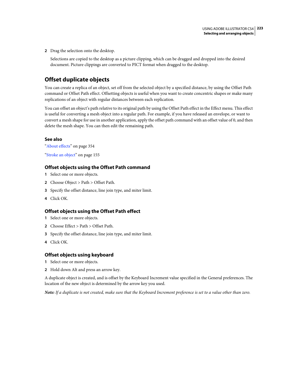 Offset duplicate objects, Offset objects using the offset path command, Offset objects using the offset path effect | Offset objects using keyboard | Adobe Illustrator CS4 User Manual | Page 230 / 499