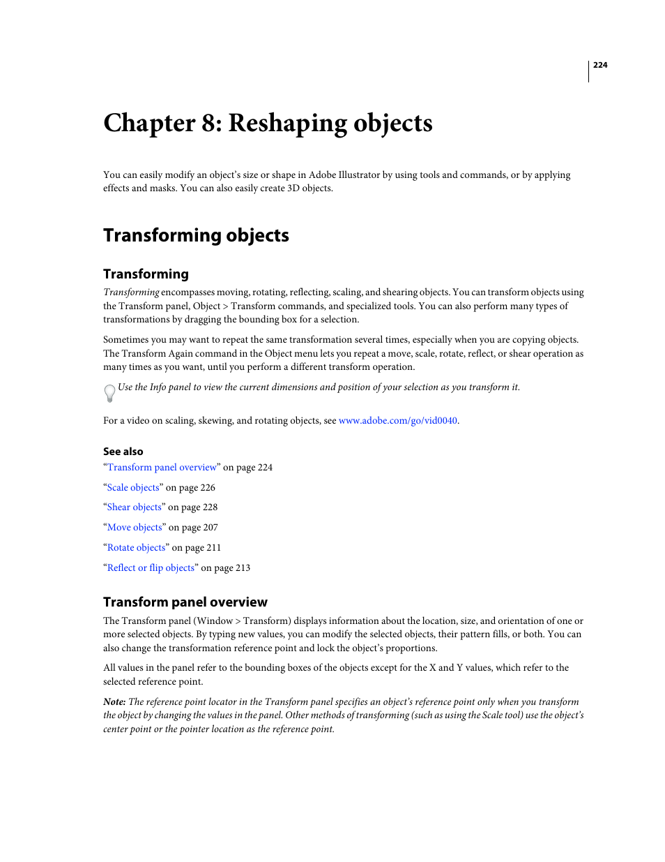 Chapter 8: reshaping objects, Transforming objects, Transforming | Transform panel overview | Adobe Illustrator CS4 User Manual | Page 231 / 499