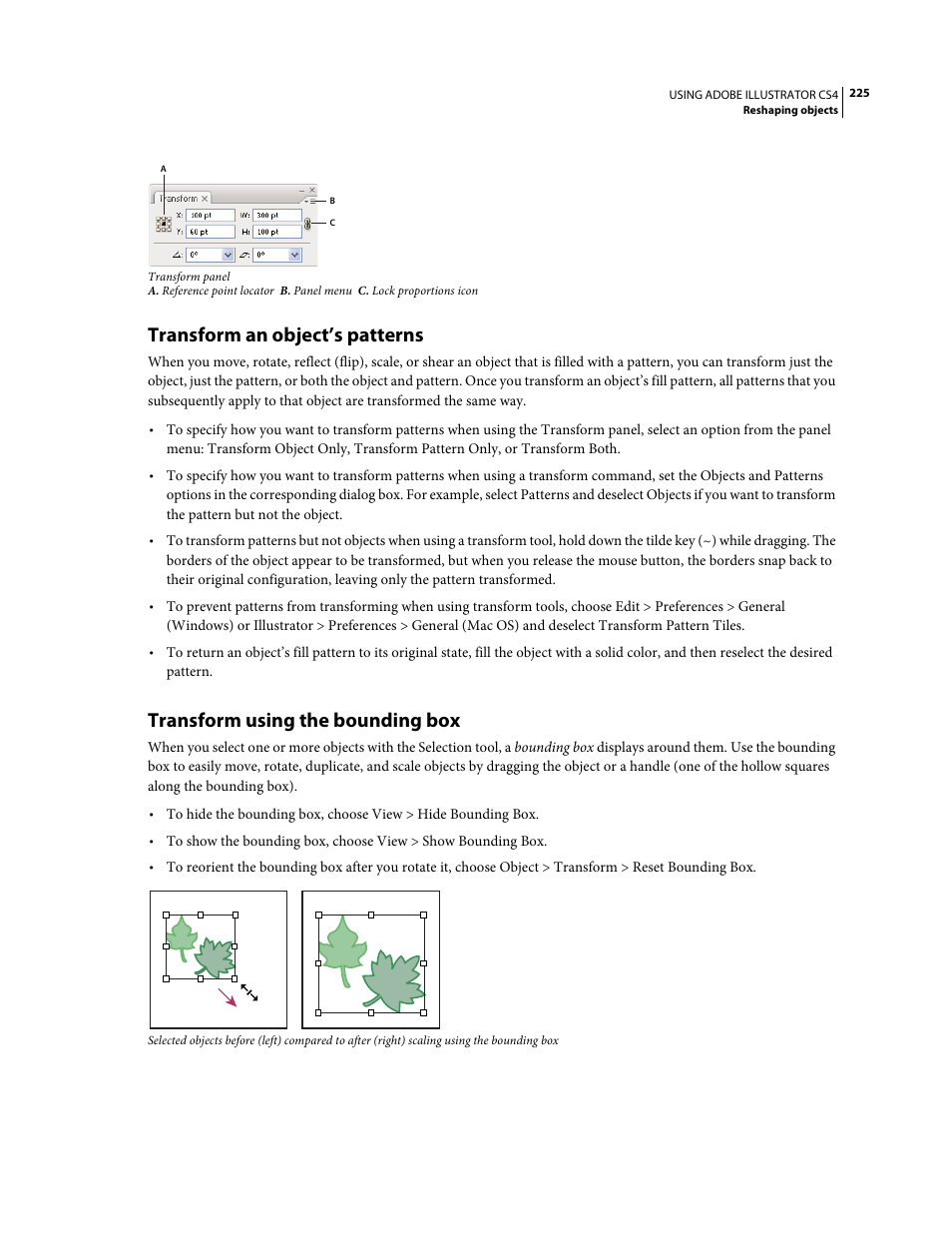 Transform an object’s patterns, Transform using the bounding box | Adobe Illustrator CS4 User Manual | Page 232 / 499