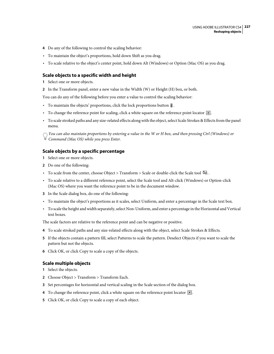 Scale objects to a specific width and height, Scale objects by a specific percentage, Scale multiple objects | Adobe Illustrator CS4 User Manual | Page 234 / 499