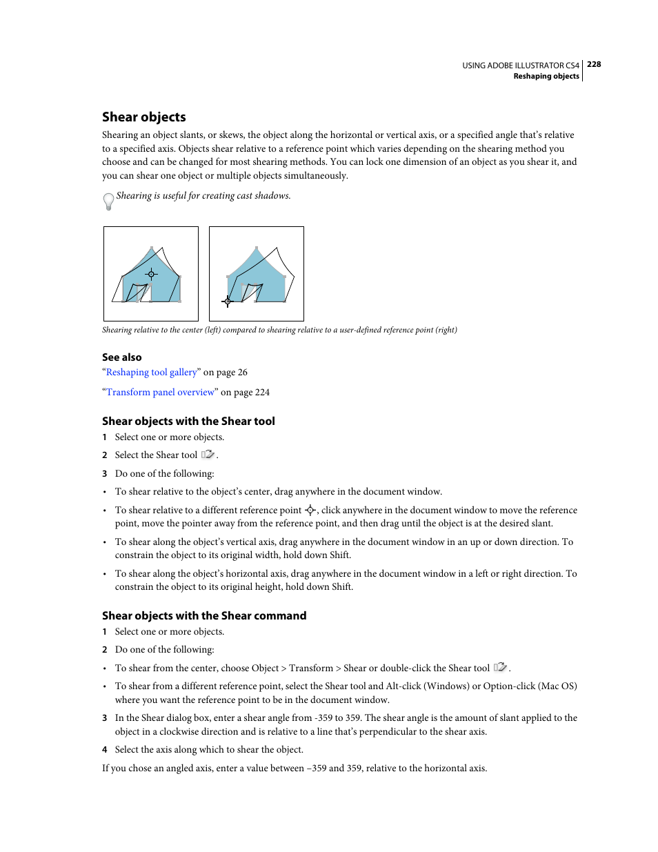 Shear objects, Shear objects with the shear tool, Shear objects with the shear command | Adobe Illustrator CS4 User Manual | Page 235 / 499