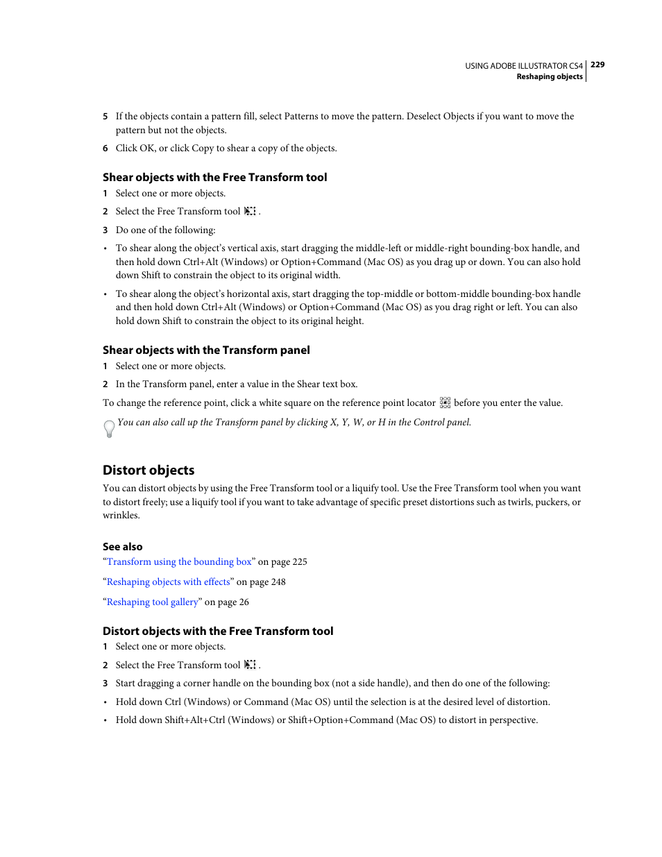 Shear objects with the free transform tool, Shear objects with the transform panel, Distort objects | Distort objects with the free transform tool | Adobe Illustrator CS4 User Manual | Page 236 / 499