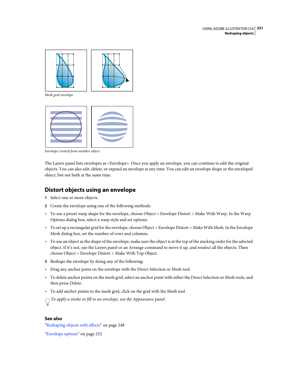 Distort objects using an envelope | Adobe Illustrator CS4 User Manual | Page 238 / 499