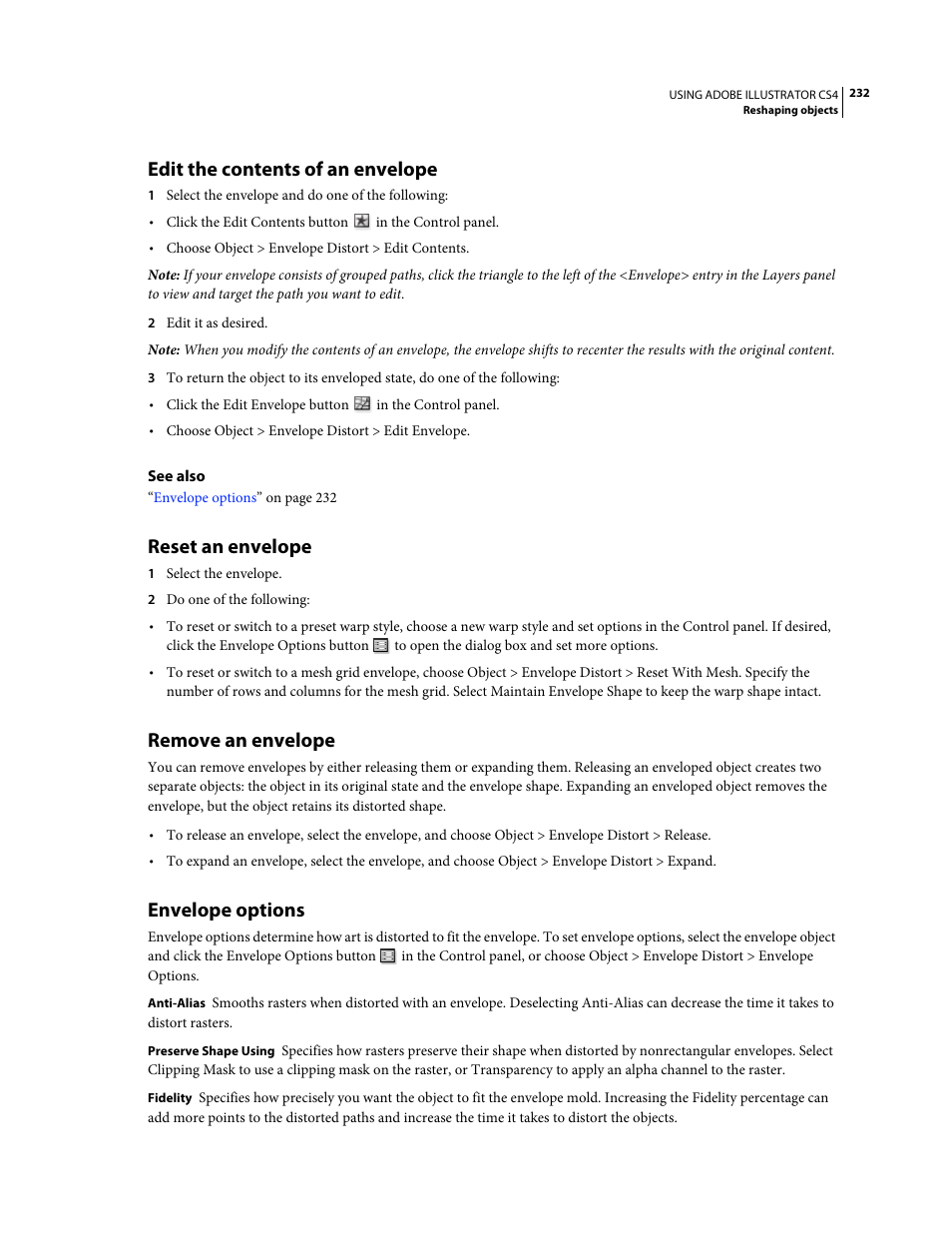 Edit the contents of an envelope, Reset an envelope, Remove an envelope | Envelope options | Adobe Illustrator CS4 User Manual | Page 239 / 499