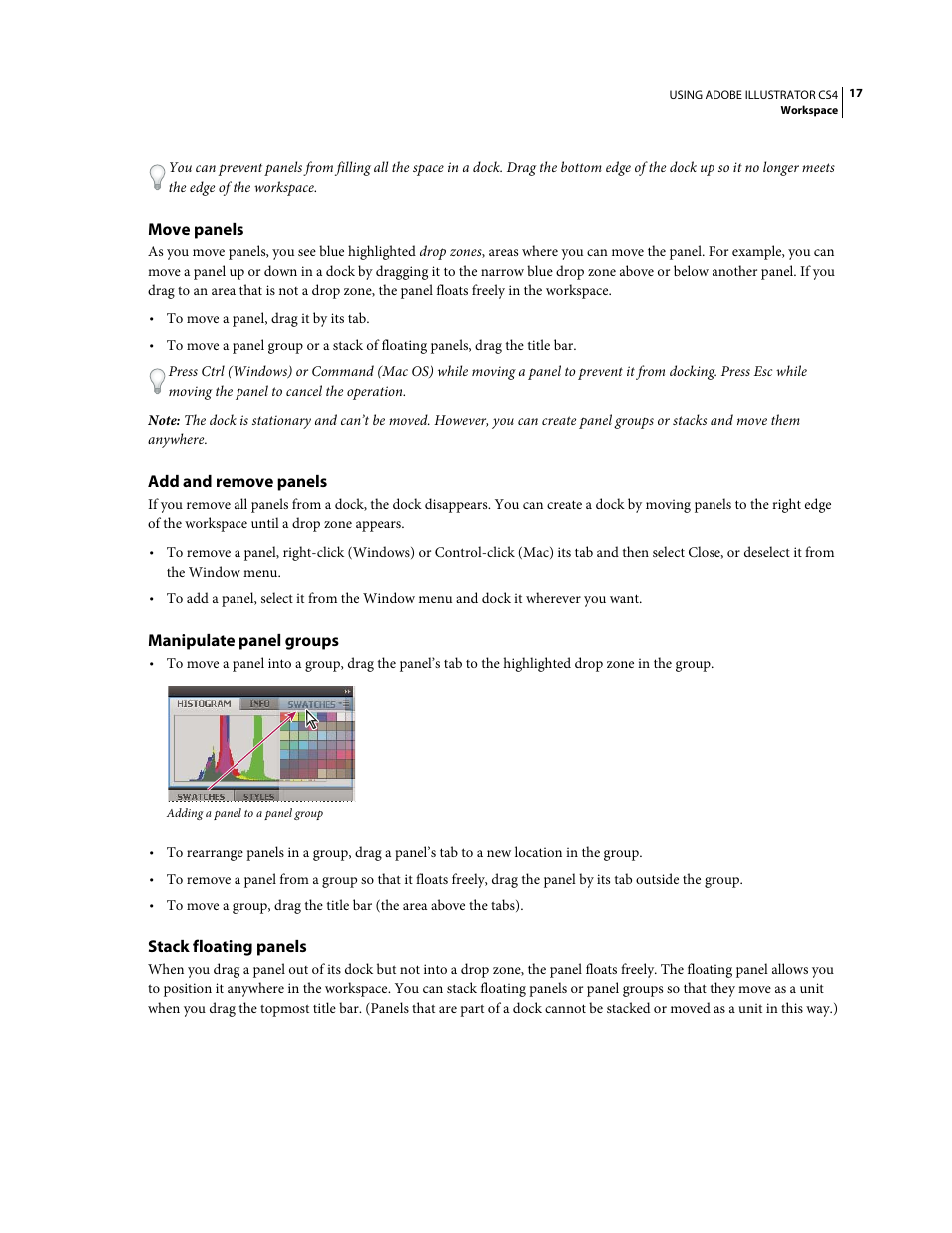 Move panels, Add and remove panels, Manipulate panel groups | Stack floating panels | Adobe Illustrator CS4 User Manual | Page 24 / 499