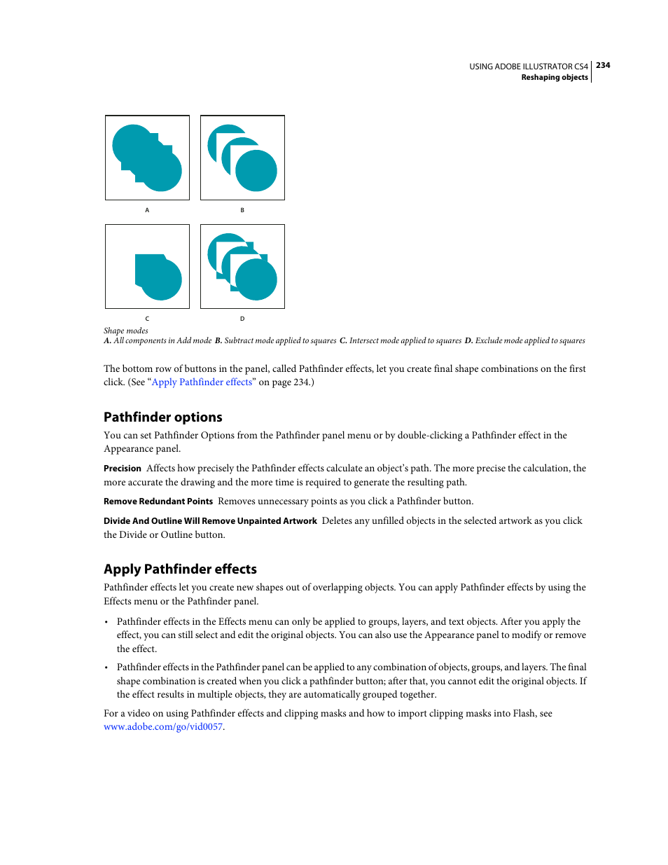 Pathfinder options, Apply pathfinder effects | Adobe Illustrator CS4 User Manual | Page 241 / 499