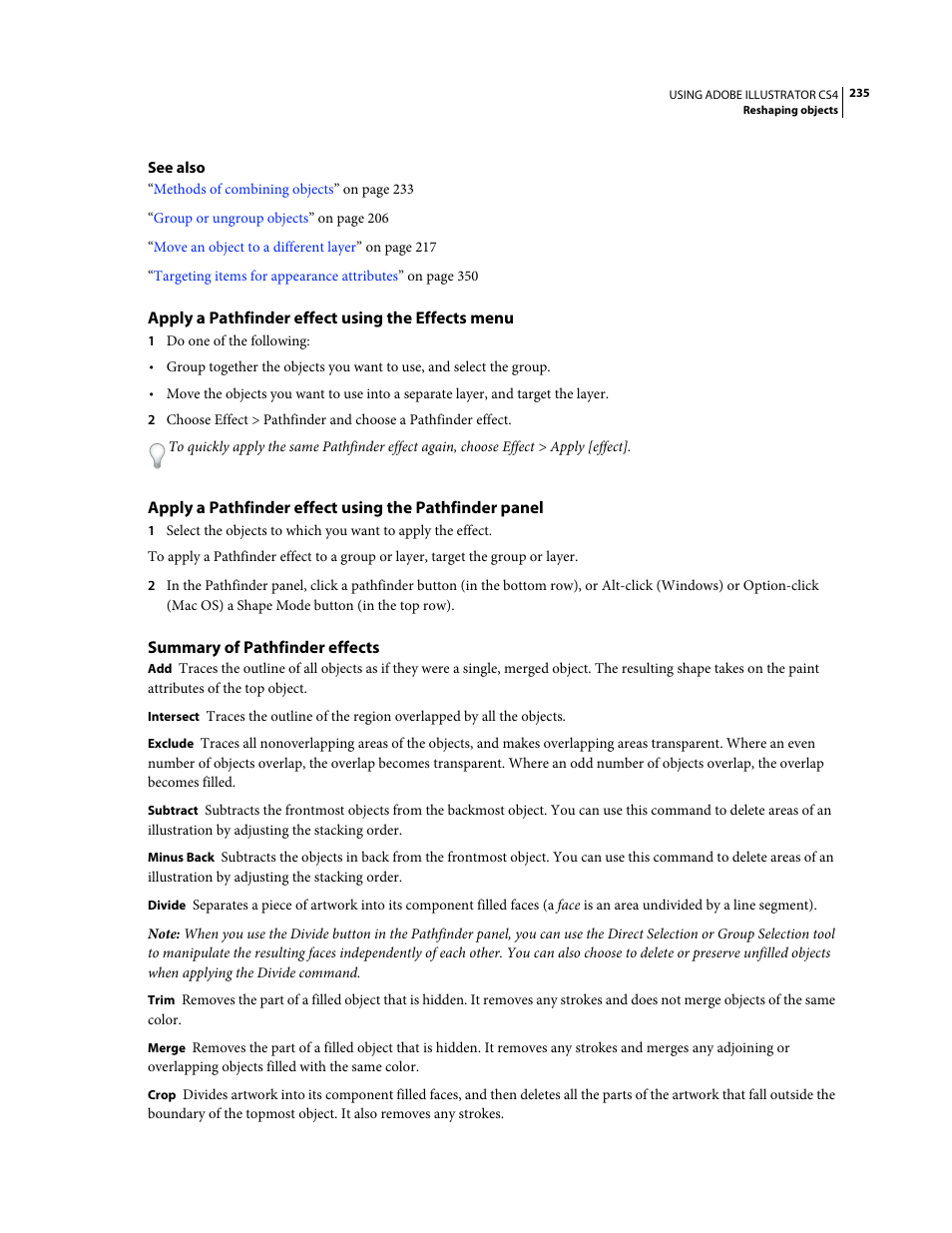 Apply a pathfinder effect using the effects menu, Summary of pathfinder effects | Adobe Illustrator CS4 User Manual | Page 242 / 499