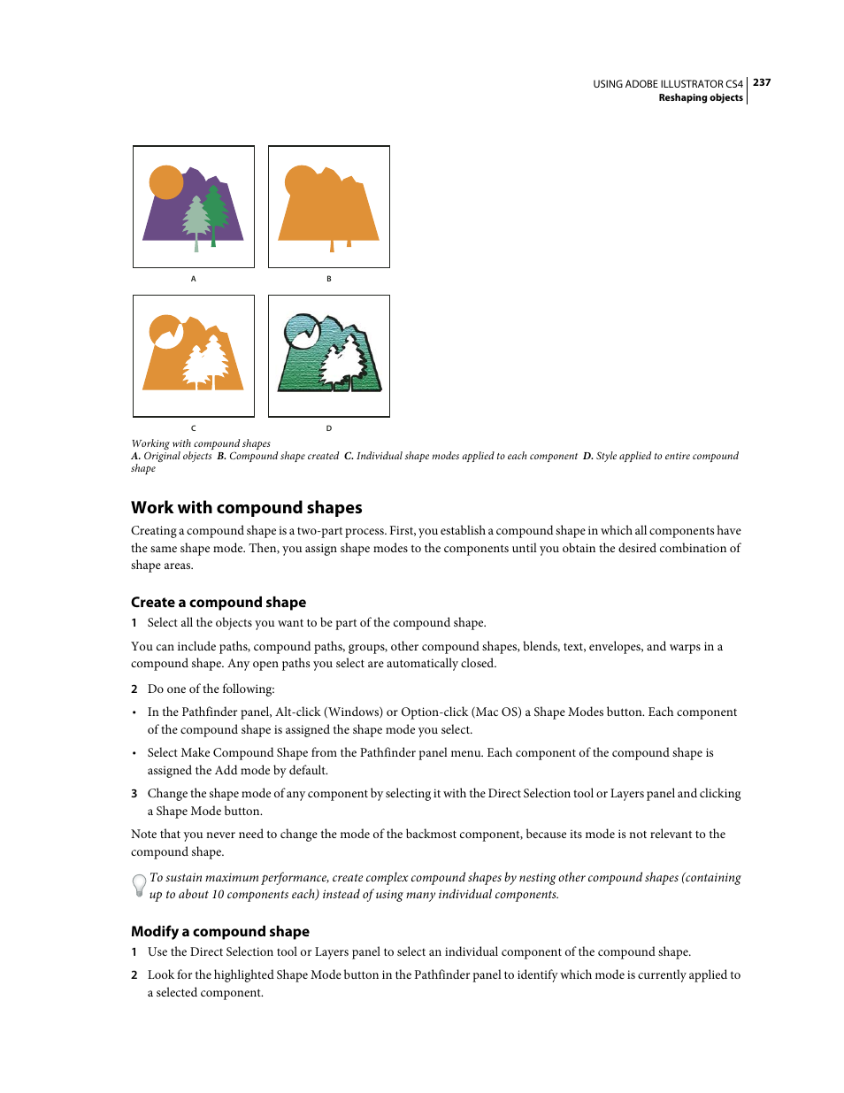 Work with compound shapes, Create a compound shape, Modify a compound shape | Adobe Illustrator CS4 User Manual | Page 244 / 499