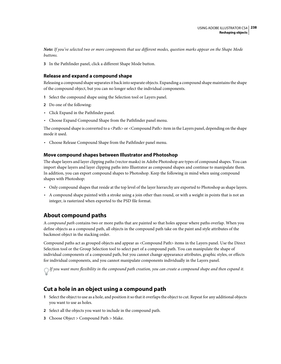 Release and expand a compound shape, About compound paths, Cut a hole in an object using a compound path | Adobe Illustrator CS4 User Manual | Page 245 / 499