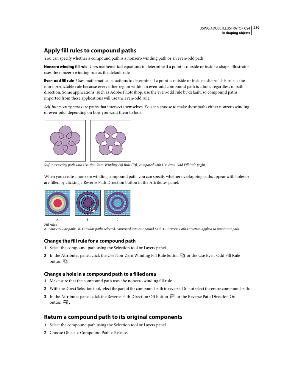 Apply fill rules to compound paths, Change the fill rule for a compound path, Change a hole in a compound path to a filled area | Return a compound path to its original components | Adobe Illustrator CS4 User Manual | Page 246 / 499