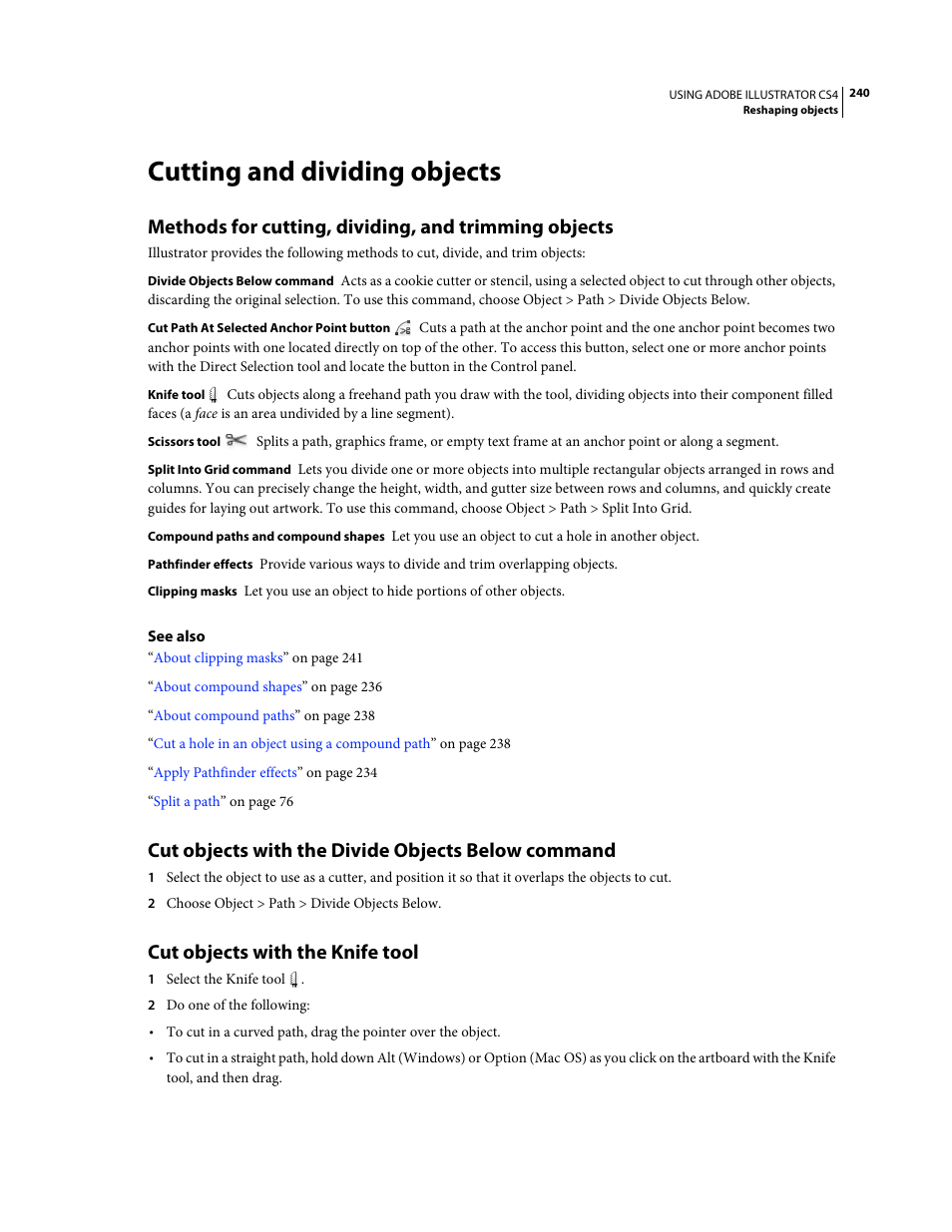 Cutting and dividing objects, Cut objects with the divide objects below command, Cut objects with the knife tool | Adobe Illustrator CS4 User Manual | Page 247 / 499