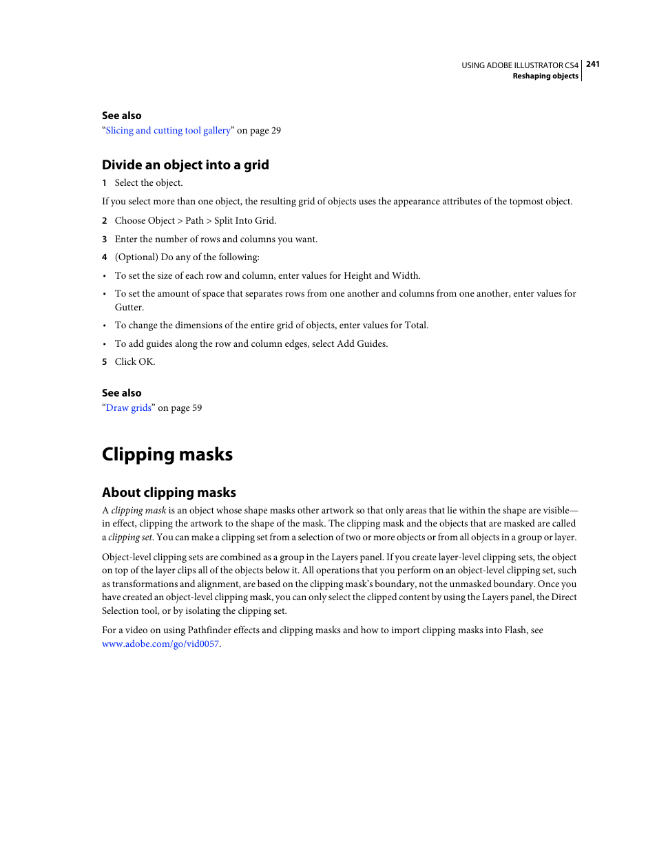Divide an object into a grid, Clipping masks, About clipping masks | Objects. (see | Adobe Illustrator CS4 User Manual | Page 248 / 499