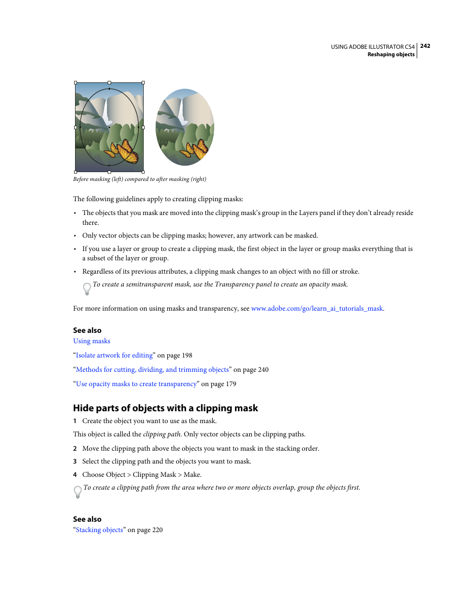 Hide parts of objects with a clipping mask | Adobe Illustrator CS4 User Manual | Page 249 / 499