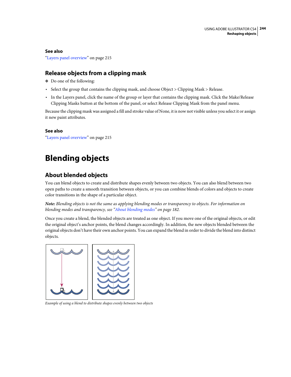 Release objects from a clipping mask, Blending objects, About blended objects | Adobe Illustrator CS4 User Manual | Page 251 / 499