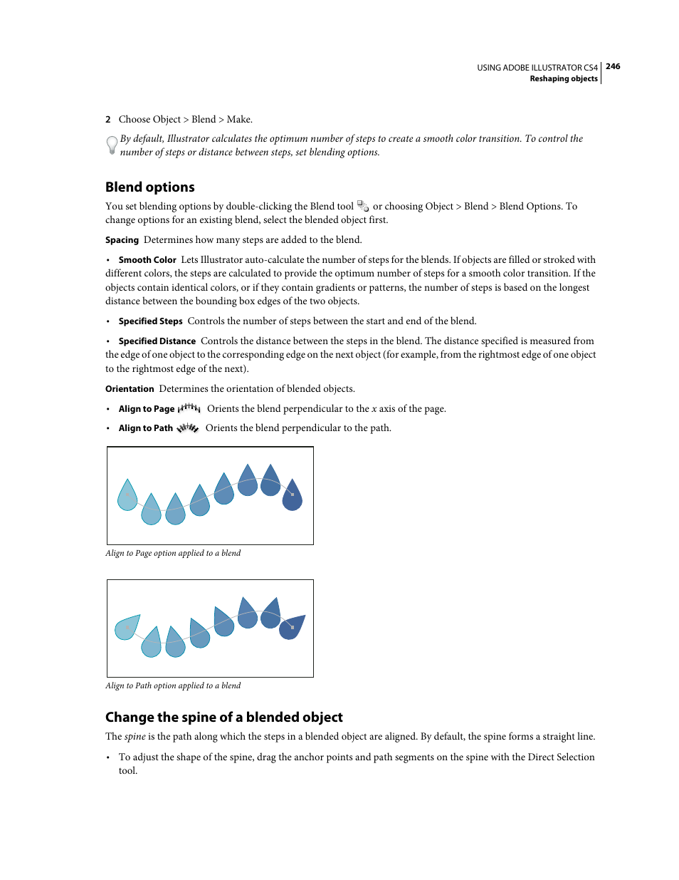 Blend options, Change the spine of a blended object | Adobe Illustrator CS4 User Manual | Page 253 / 499