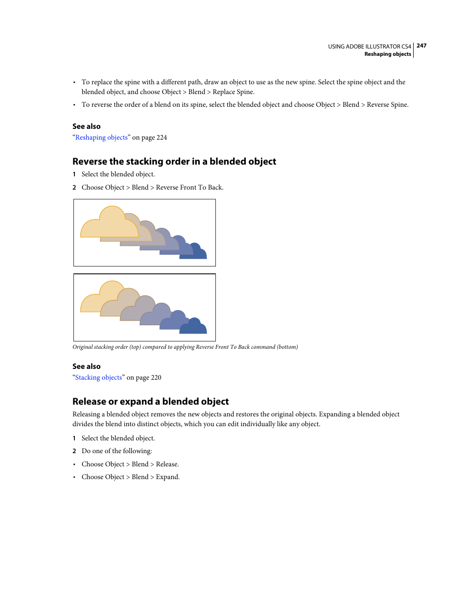 Reverse the stacking order in a blended object, Release or expand a blended object | Adobe Illustrator CS4 User Manual | Page 254 / 499