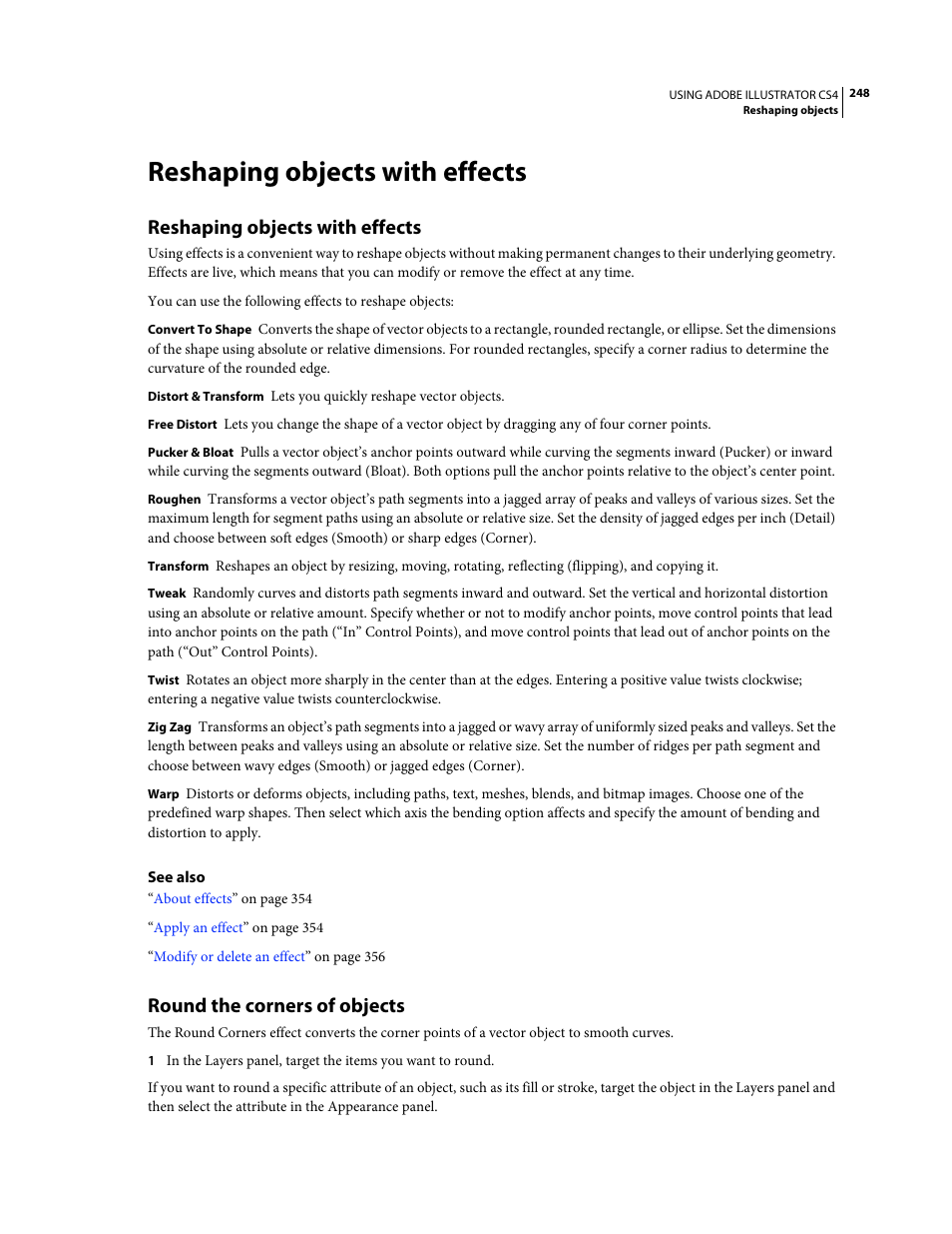 Reshaping objects with effects, Round the corners of objects | Adobe Illustrator CS4 User Manual | Page 255 / 499