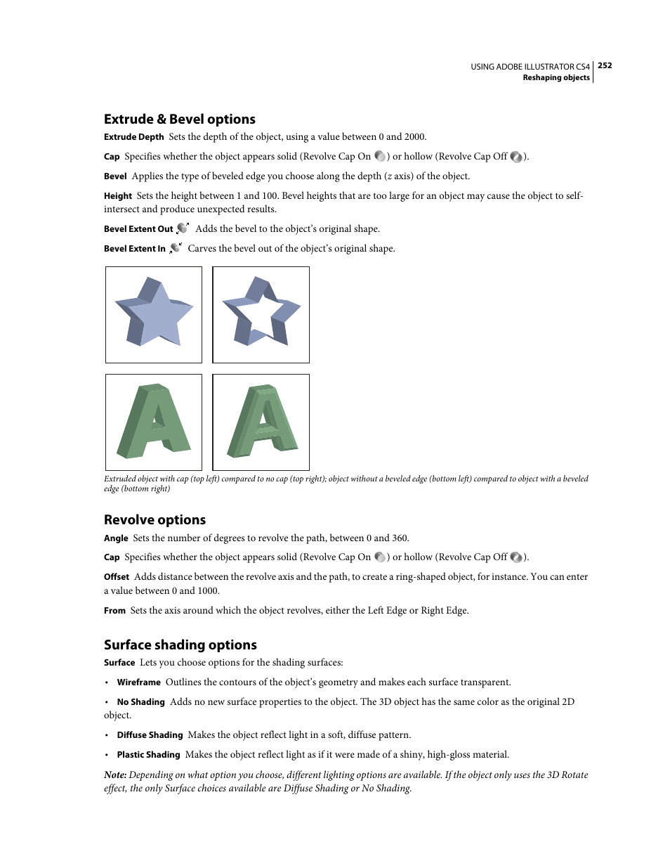 Extrude & bevel options, Revolve options, Surface shading options | Extrude, Bevel options, That look like plastic. (see | Adobe Illustrator CS4 User Manual | Page 259 / 499