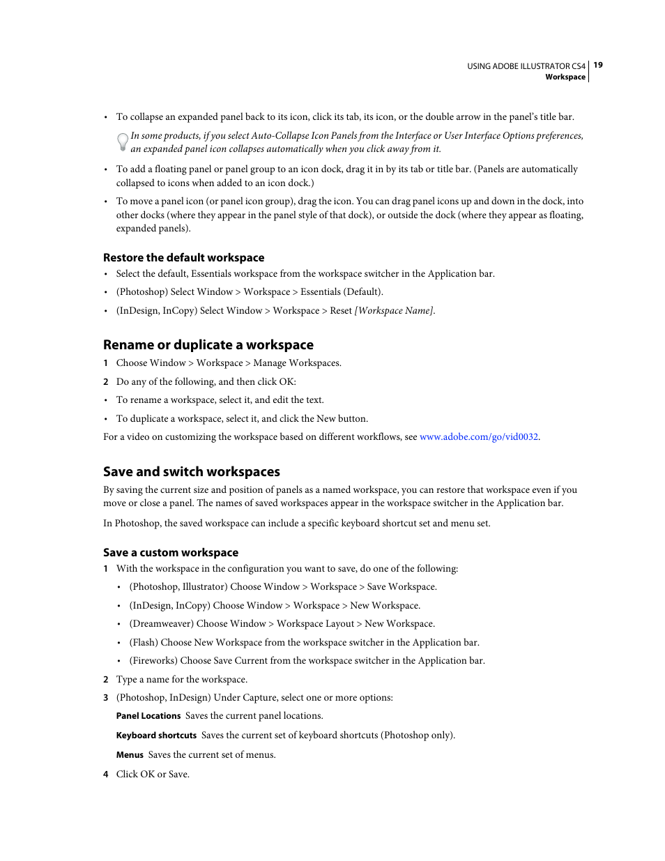 Restore the default workspace, Rename or duplicate a workspace, Save and switch workspaces | Save a custom workspace | Adobe Illustrator CS4 User Manual | Page 26 / 499